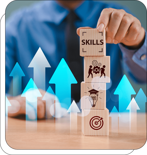 Building blocks representing skills and growth arrows.