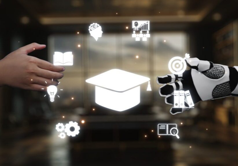 Human hand reaching robotic hand with icons.